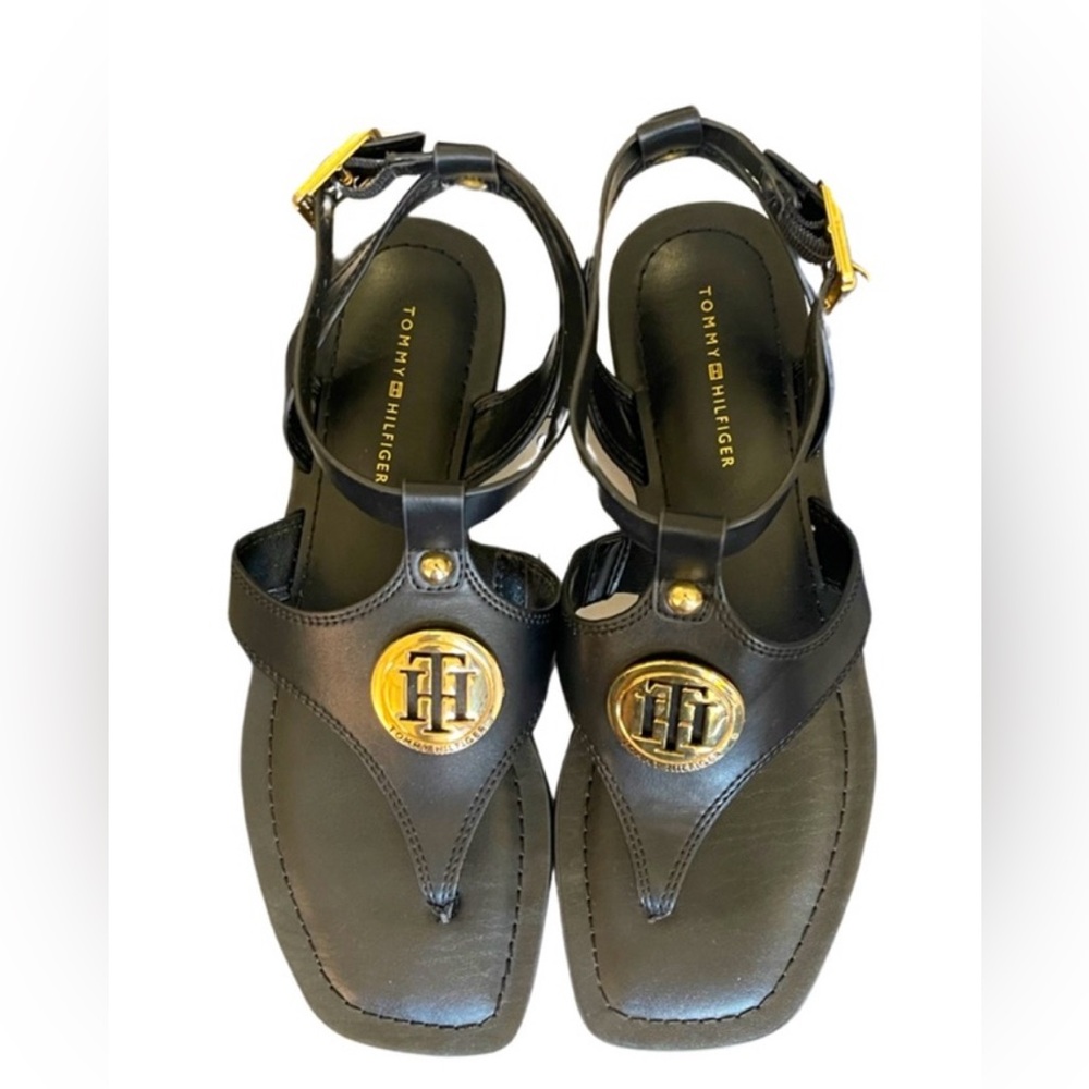 Tommy Hilfiger Black and Gold Sandals with Elegant Design